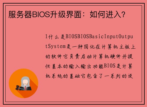 服务器BIOS升级界面：如何进入？