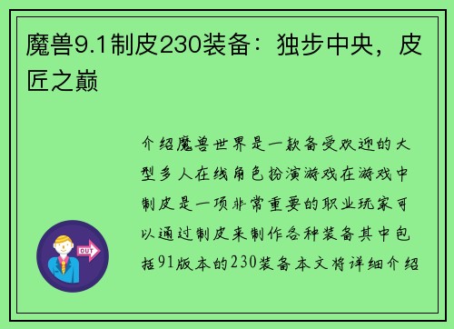 魔兽9.1制皮230装备：独步中央，皮匠之巅